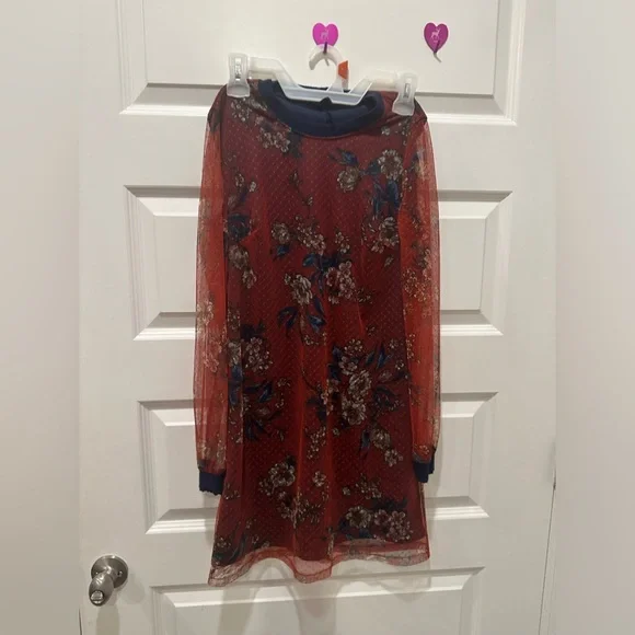 Long sleeve mesh burgundy and navy dress - Picture 5 of 14